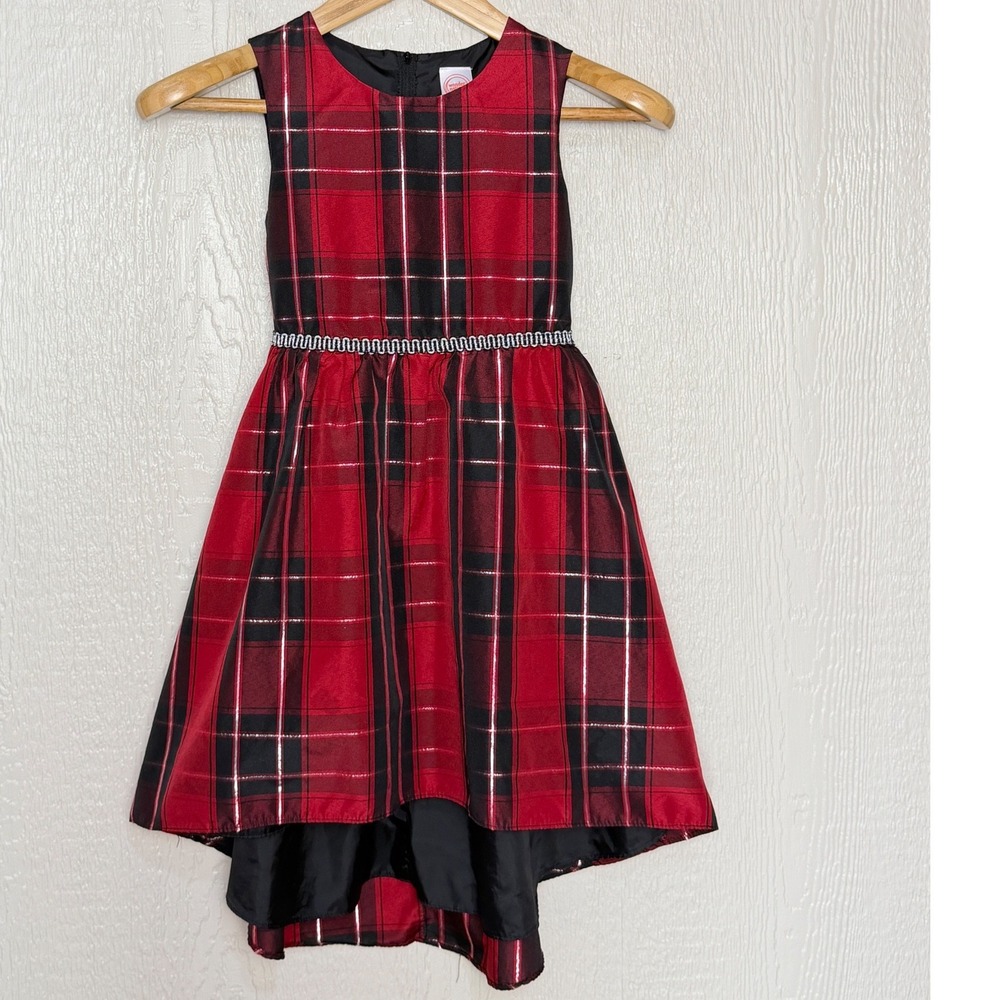 Wonder Nation Girls Red Black Plaid Metallic High Low Holiday Party Dress 8